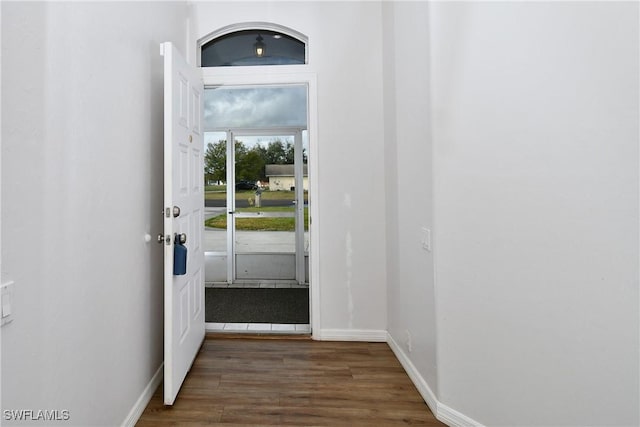 doorway to outside featuring dark wood-type flooring