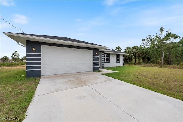 ranch-style home with a garage and a front yard