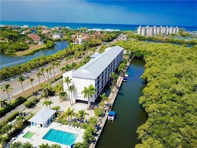 aerial view featuring a water view