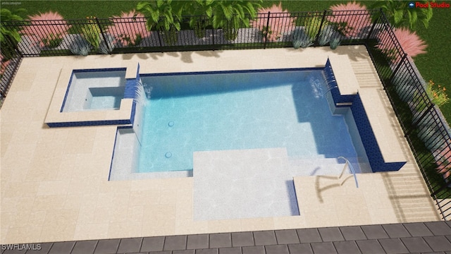 view of swimming pool with fence and a pool with connected hot tub