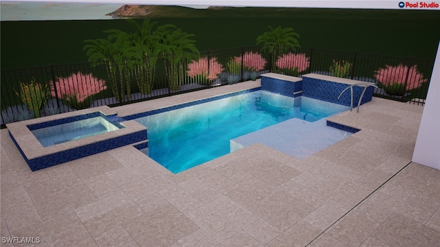 view of swimming pool with an in ground hot tub, a fenced backyard, a fenced in pool, and a patio