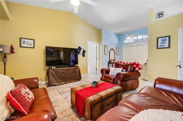 living room with vaulted ceiling and ceiling fan