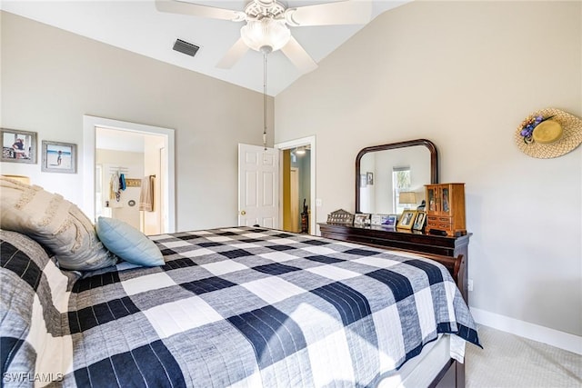 carpeted bedroom featuring ensuite bath, high vaulted ceiling, and ceiling fan