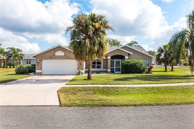 ranch-style home featuring a garage and a front lawn