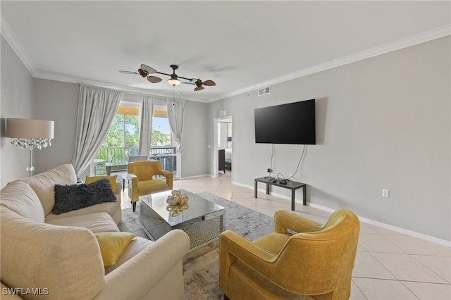 living room with ceiling fan, crown molding, and light tile patterned floors