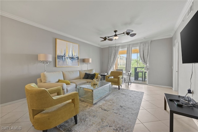 living room with ceiling fan, light tile patterned flooring, and ornamental molding