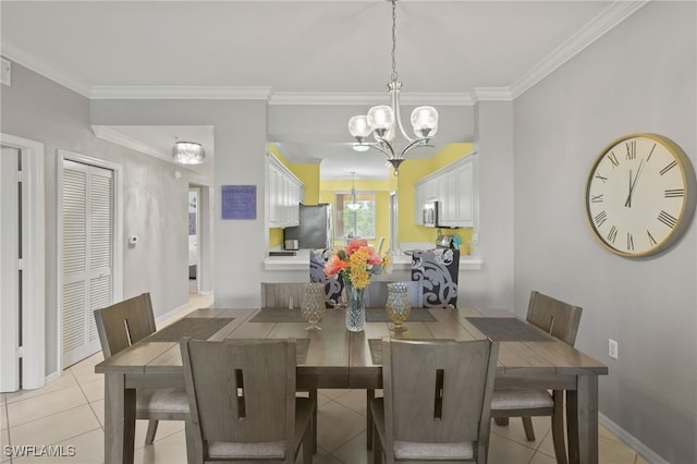 tiled dining room featuring crown molding and an inviting chandelier