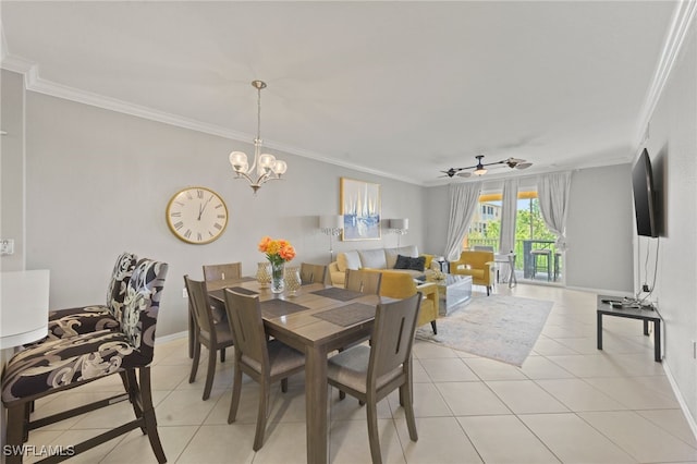 dining space featuring light tile patterned floors, ceiling fan with notable chandelier, and ornamental molding