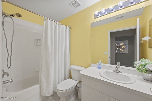 full bathroom with tile patterned flooring, vanity, toilet, and shower / bathtub combination with curtain