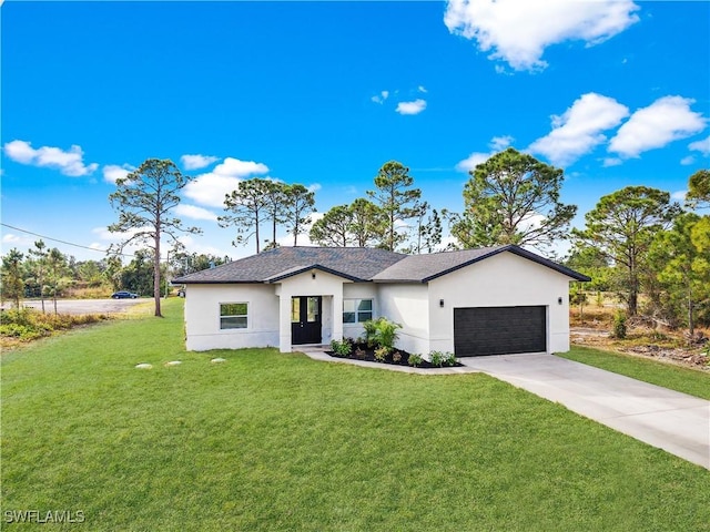 view of front facade with a front lawn and a garage