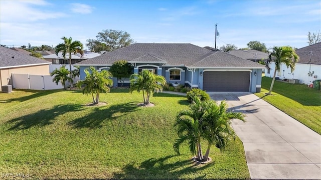 ranch-style house featuring central air condition unit, a front lawn, and a garage