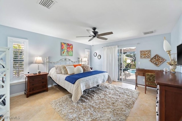 tiled bedroom featuring access to outside and ceiling fan