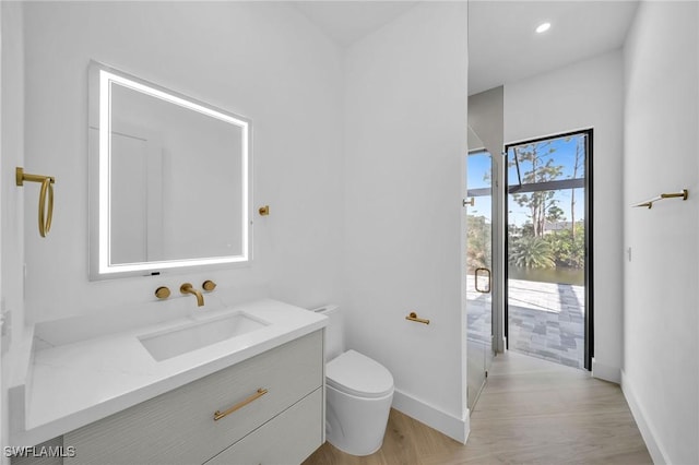 bathroom featuring toilet, vanity, and hardwood / wood-style flooring