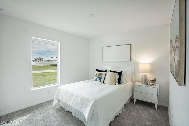 bedroom featuring dark carpet