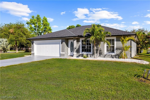 single story home with a garage and a front yard