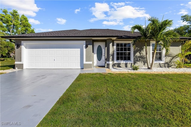 single story home featuring a front yard and a garage