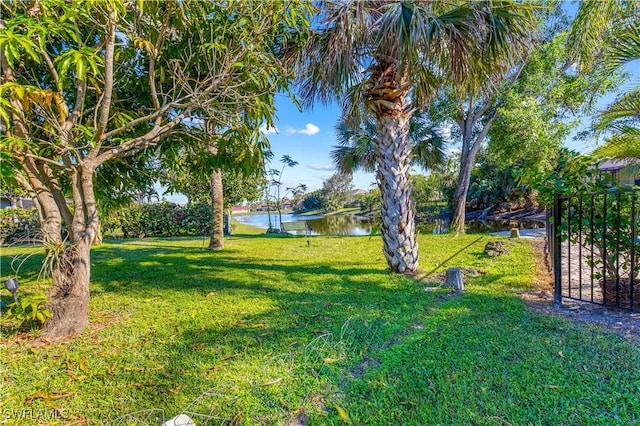 view of yard with a water view