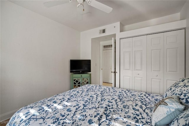 bedroom with ceiling fan and a closet