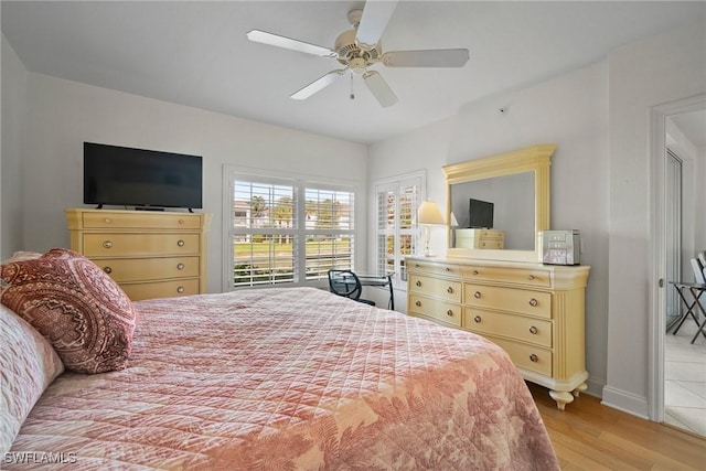 bedroom with ceiling fan and light wood-type flooring