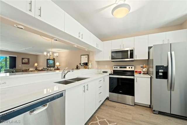 kitchen featuring white cabinets, appliances with stainless steel finishes, sink, hanging light fixtures, and light wood-type flooring