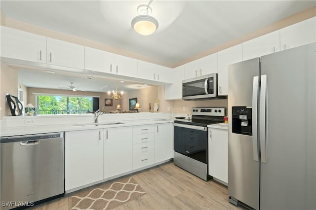 kitchen featuring kitchen peninsula, light hardwood / wood-style flooring, sink, white cabinetry, and stainless steel appliances