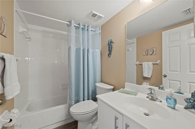 full bathroom featuring toilet, shower / tub combo, and vanity