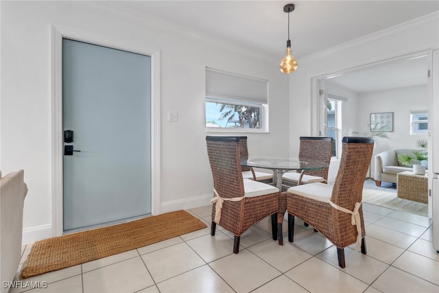 tiled dining area with ornamental molding