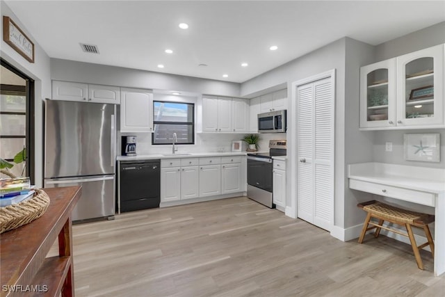 kitchen with decorative backsplash, appliances with stainless steel finishes, sink, white cabinets, and light hardwood / wood-style floors