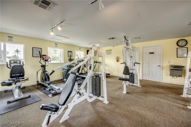 workout area featuring rail lighting, visible vents, and baseboards