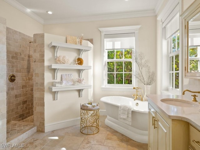 bathroom with a healthy amount of sunlight, ornamental molding, and plus walk in shower