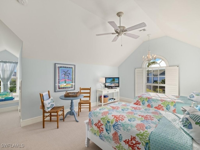 bedroom with ceiling fan with notable chandelier, light carpet, and vaulted ceiling