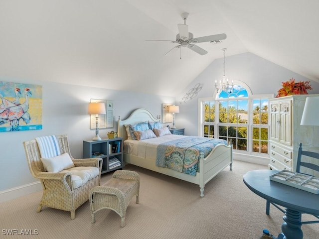 carpeted bedroom with lofted ceiling and ceiling fan with notable chandelier