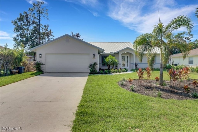 ranch-style home featuring a garage and a front yard