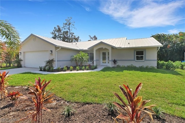 single story home with a front yard and a garage