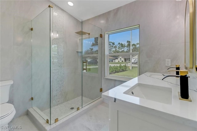 bathroom featuring vanity, toilet, and a shower with door