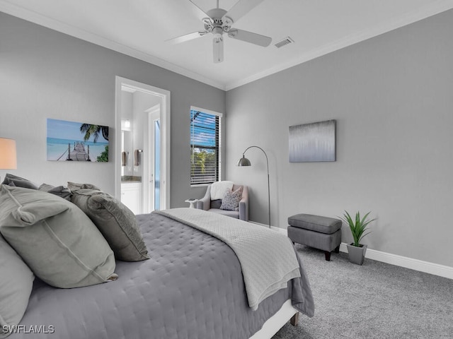 carpeted bedroom with ceiling fan and ornamental molding