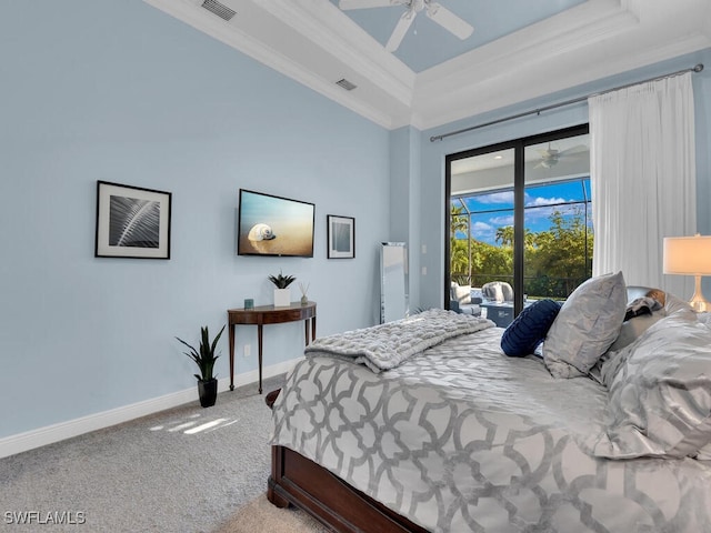 bedroom with ceiling fan, access to exterior, carpet floors, and ornamental molding