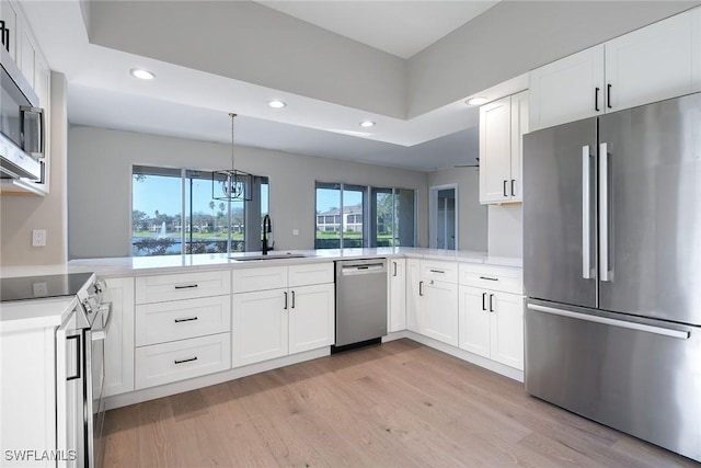 kitchen with kitchen peninsula, sink, white cabinets, and appliances with stainless steel finishes