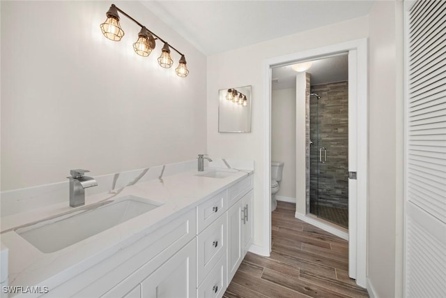 bathroom with an enclosed shower, vanity, and toilet