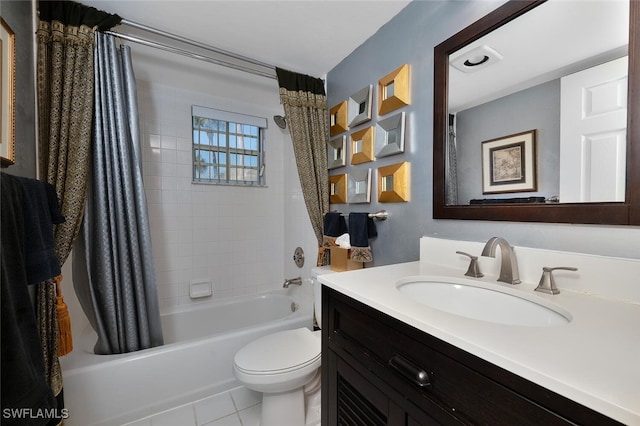 full bathroom with shower / bathtub combination with curtain, toilet, vanity, and tile patterned flooring