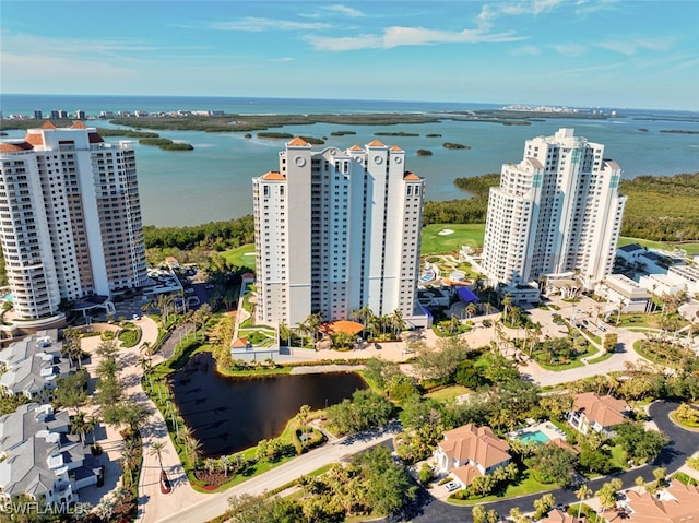 drone / aerial view featuring a water view