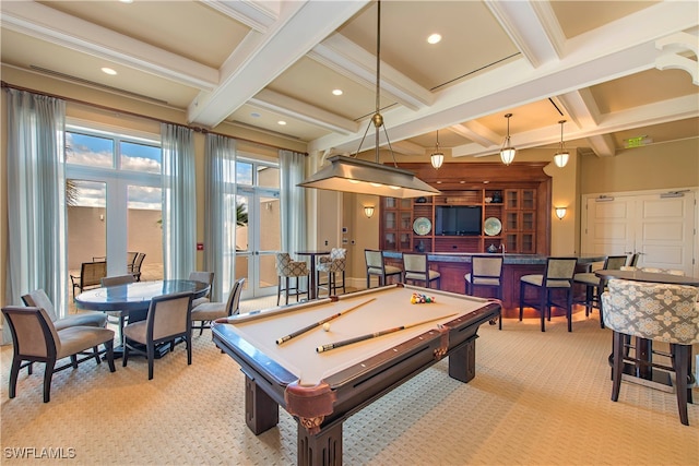 playroom featuring light carpet, beam ceiling, french doors, and pool table