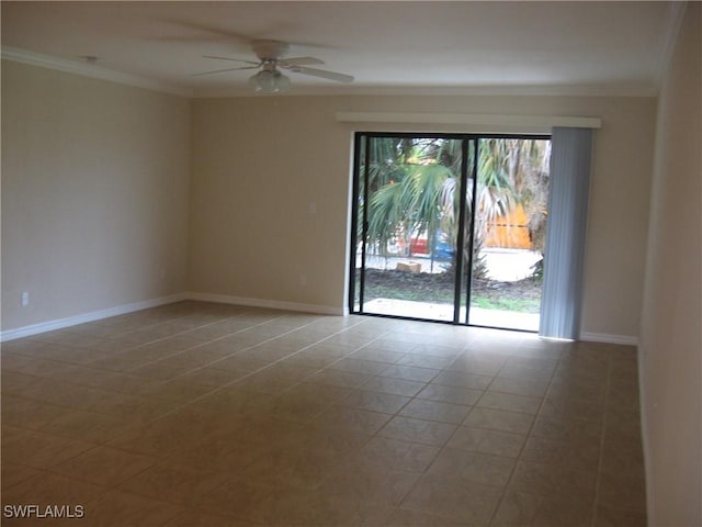 tiled empty room with plenty of natural light, ceiling fan, and ornamental molding