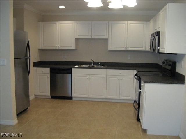 kitchen with sink, white cabinets, stainless steel appliances, and light tile patterned floors