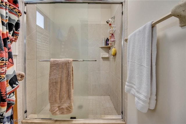 bathroom with a shower with shower door