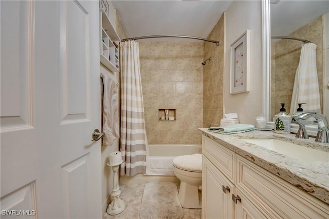 full bathroom featuring vanity, tile patterned floors, toilet, a fireplace, and shower / tub combo