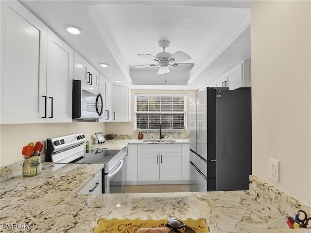 kitchen featuring appliances with stainless steel finishes, light stone counters, ornamental molding, sink, and white cabinetry