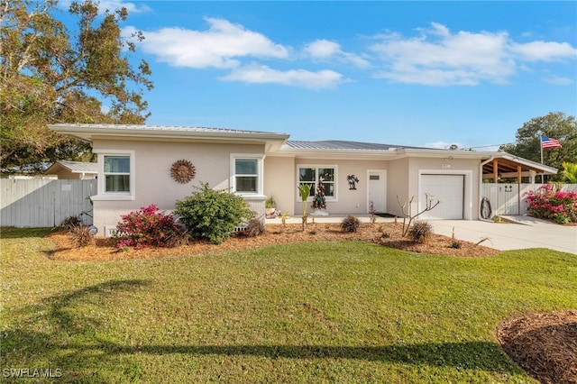 ranch-style house with a garage and a front lawn