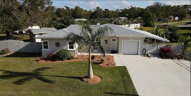 ranch-style house with a garage and a front yard