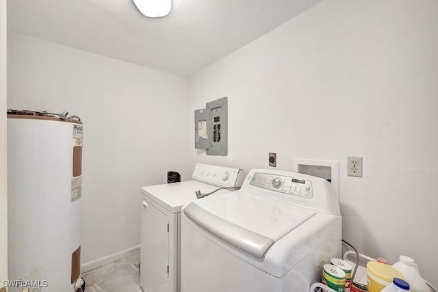 laundry room featuring electric panel, electric water heater, and washer and dryer